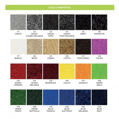 Colori disponibili per il cocco sintetico. . Il prodotto viene realizzato con questi colori: consulta questa palette per la tua scelta cromatica e indica nella note dell’ordine quali sono i codici colore da utilizzare.